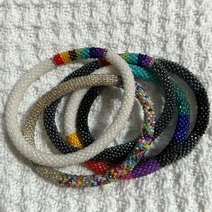 5  Sashka Co handcrafted glass bead bracelet lot. Chakras Rainbow Pride. Appr 8”